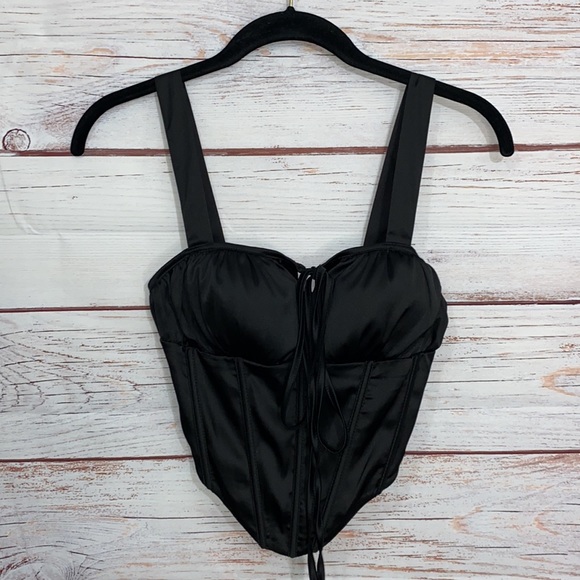 Satin Silk Fish Boned Ruched Bust Tied Zip Back Milkmaid Bustier Corset Top XS - Picture 4 of 7